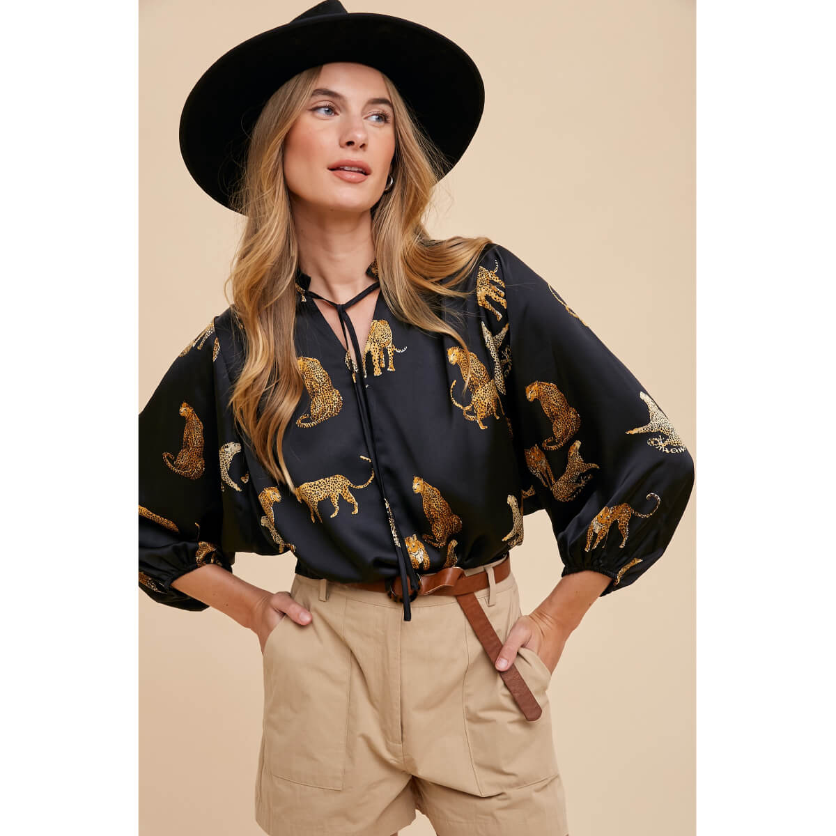 Cheetah V-Neck Satin Blouse black front | MILK MONEY milkmoney.co | cute tops for women. trendy tops for women. cute blouses for women. stylish tops for women. pretty womens tops.