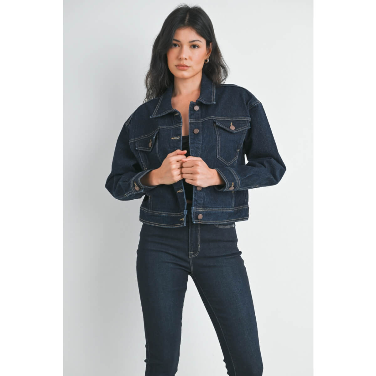 Classic Dark Denim Jacket blue front | MILK MONEY milkmoney.co | cute jackets for women. cute coats. cool jackets for women. stylish jackets for women. trendy jackets for women. trendy womens coats.