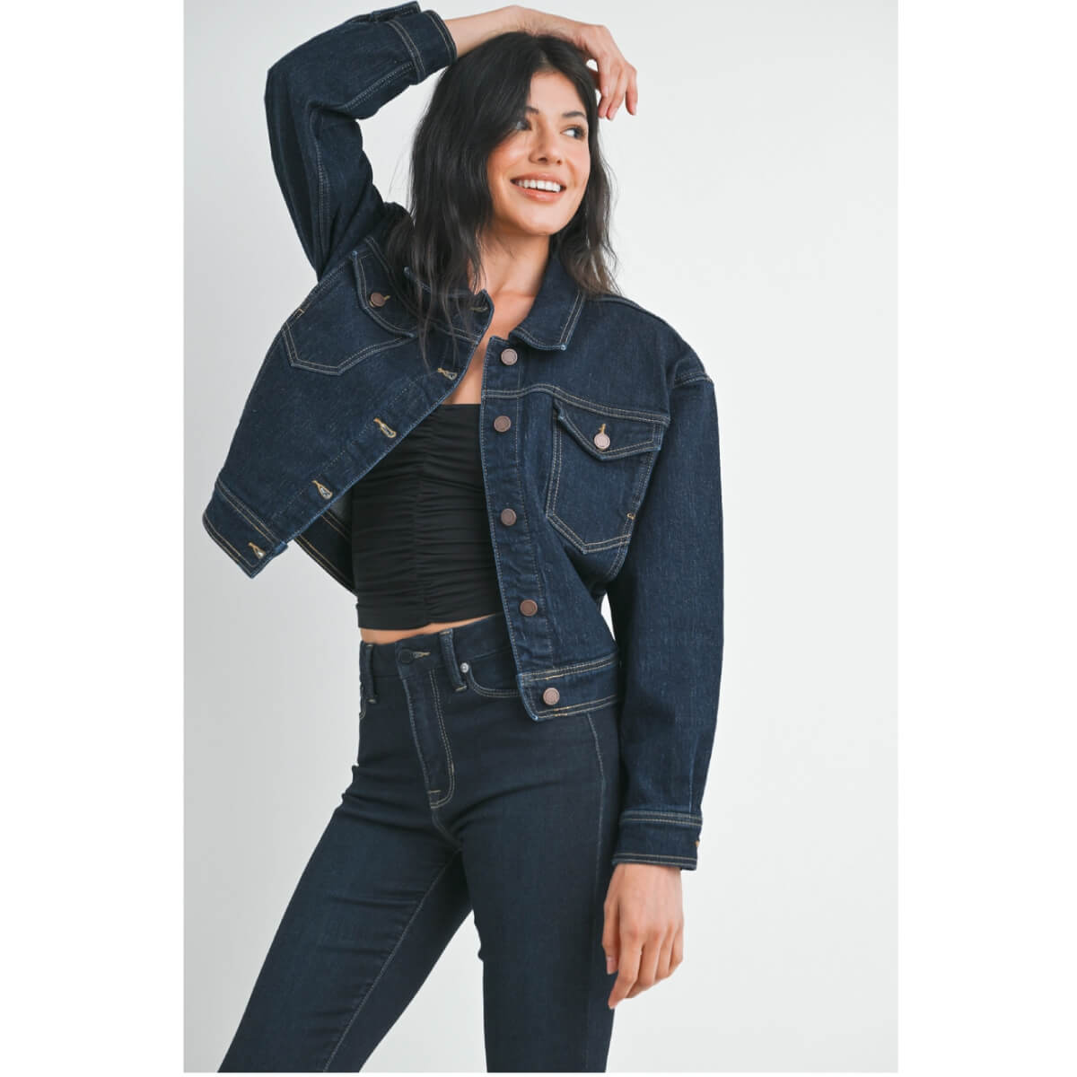 Classic Dark Denim Jacket blue front | MILK MONEY milkmoney.co | cute jackets for women. cute coats. cool jackets for women. stylish jackets for women. trendy jackets for women. trendy womens coats.