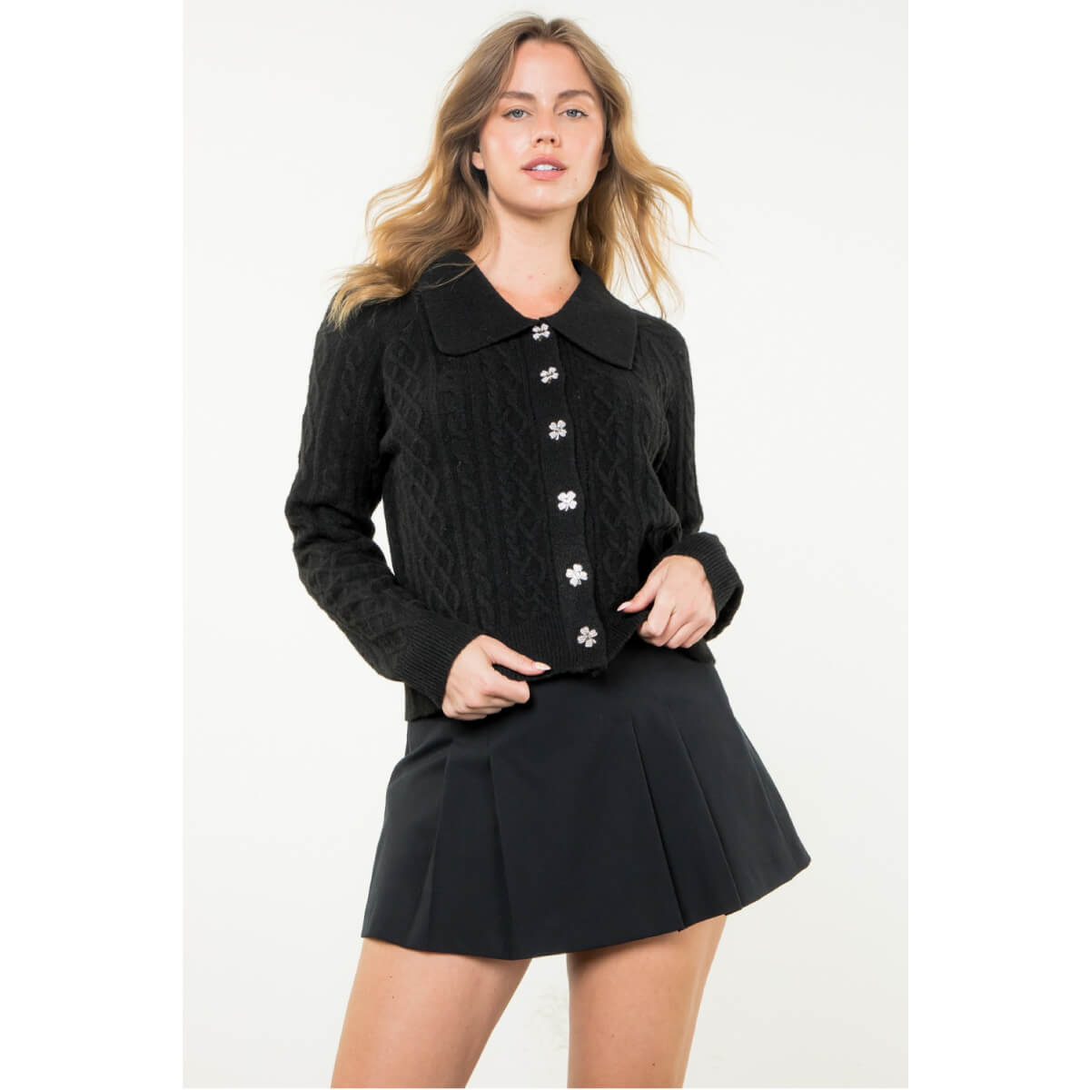 Clover Button Up Knit Cardigan black front | MILK MONEY milkmoney.co | cute tops for women. trendy tops for women. cute blouses for women. stylish tops for women. pretty womens tops.