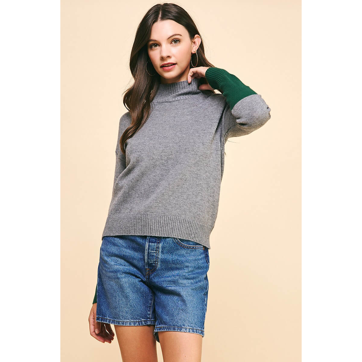 Color Block Mock Neck Sweater green front | MILK MONEY milkmoney.co | cute clothes for women. womens online clothing. trendy online clothing stores. womens casual clothing online. trendy clothes online. trendy women's clothing online. ladies online clothing stores. trendy women's clothing stores. cute female clothes.