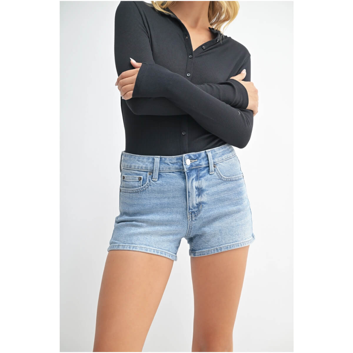 Comfort Stretch Mid-Rise Jean Shorts lt. blue front | MILK MONEY milkmoney.co | cute clothes for women. womens online clothing. trendy online clothing stores. womens casual clothing online. trendy clothes online. trendy women's clothing online. ladies online clothing stores. trendy women's clothing stores. cute female clothes.