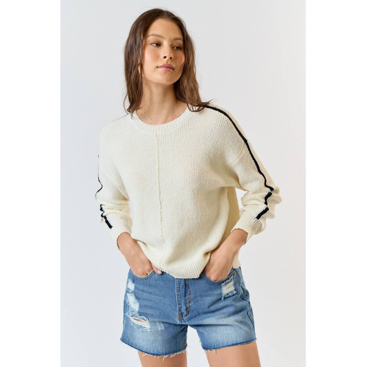 Crew Neck Single Striped Sweater white front | MILK MONEY milkmoney.co | cute tops for women. trendy tops for women. cute blouses for women. stylish tops for women. pretty womens tops.