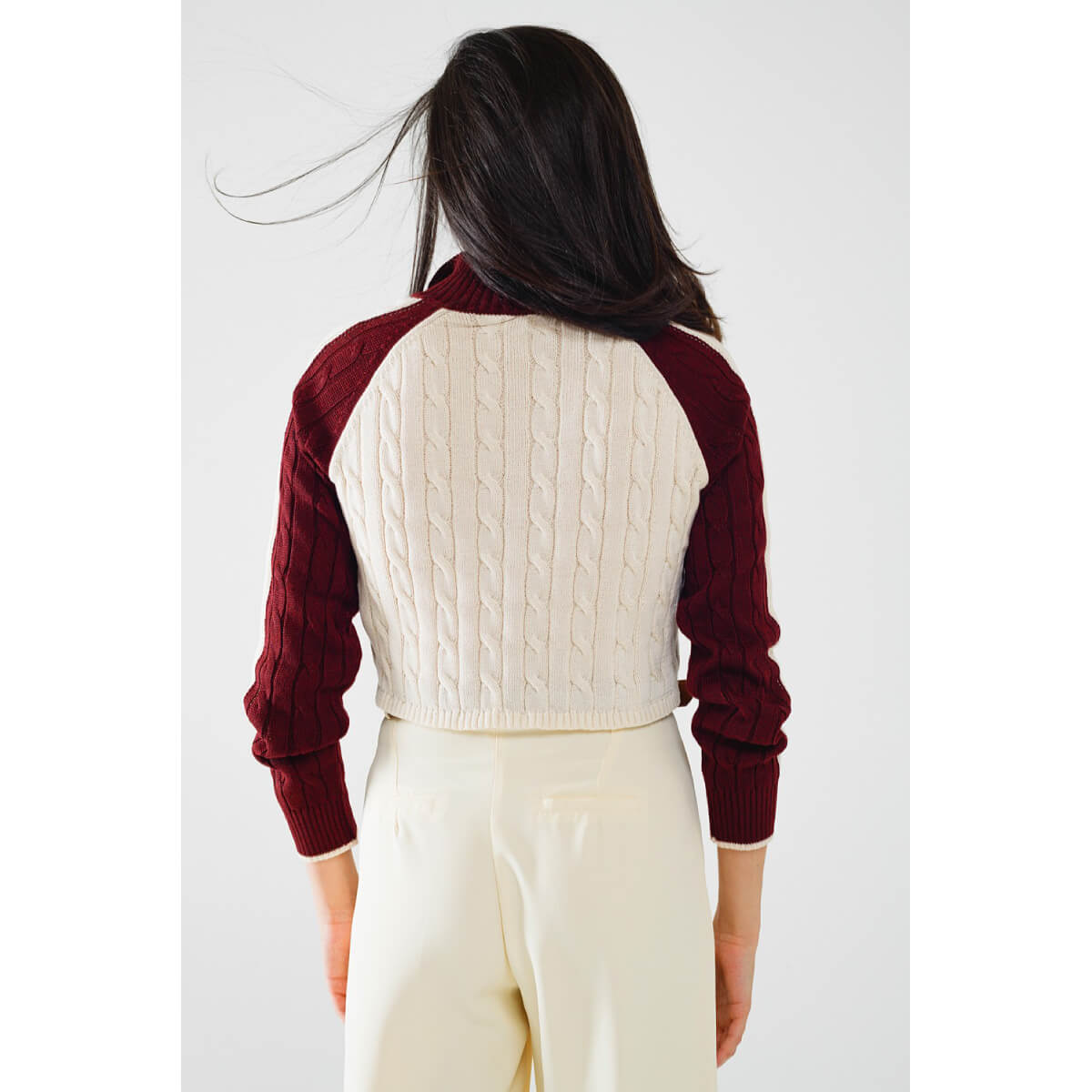 Cropped Cable Knit V-Neck Sweater