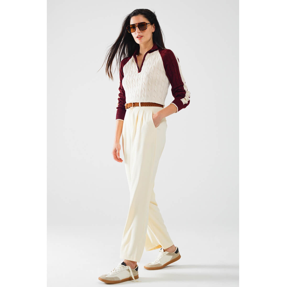 Cropped Cable Knit V-Neck Sweater