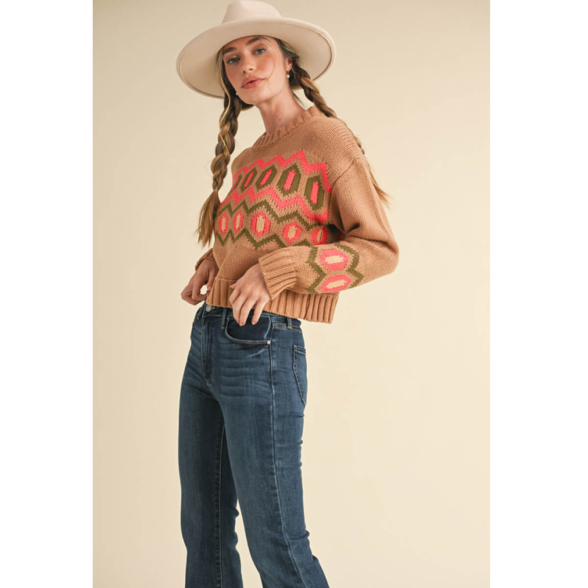 Cropped Geometric Knit Sweater brown front | MILK MONEY milkmoney.co | cute sweaters for women, cute knit sweaters, cute pullover sweaters