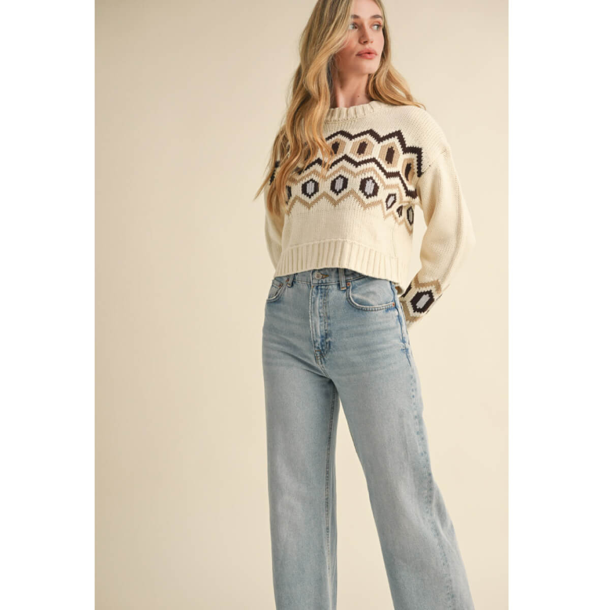 Cropped Geometric Knit Sweater ivory front | MILK MONEY milkmoney.co | cute sweaters for women, cute knit sweaters, cute pullover sweaters