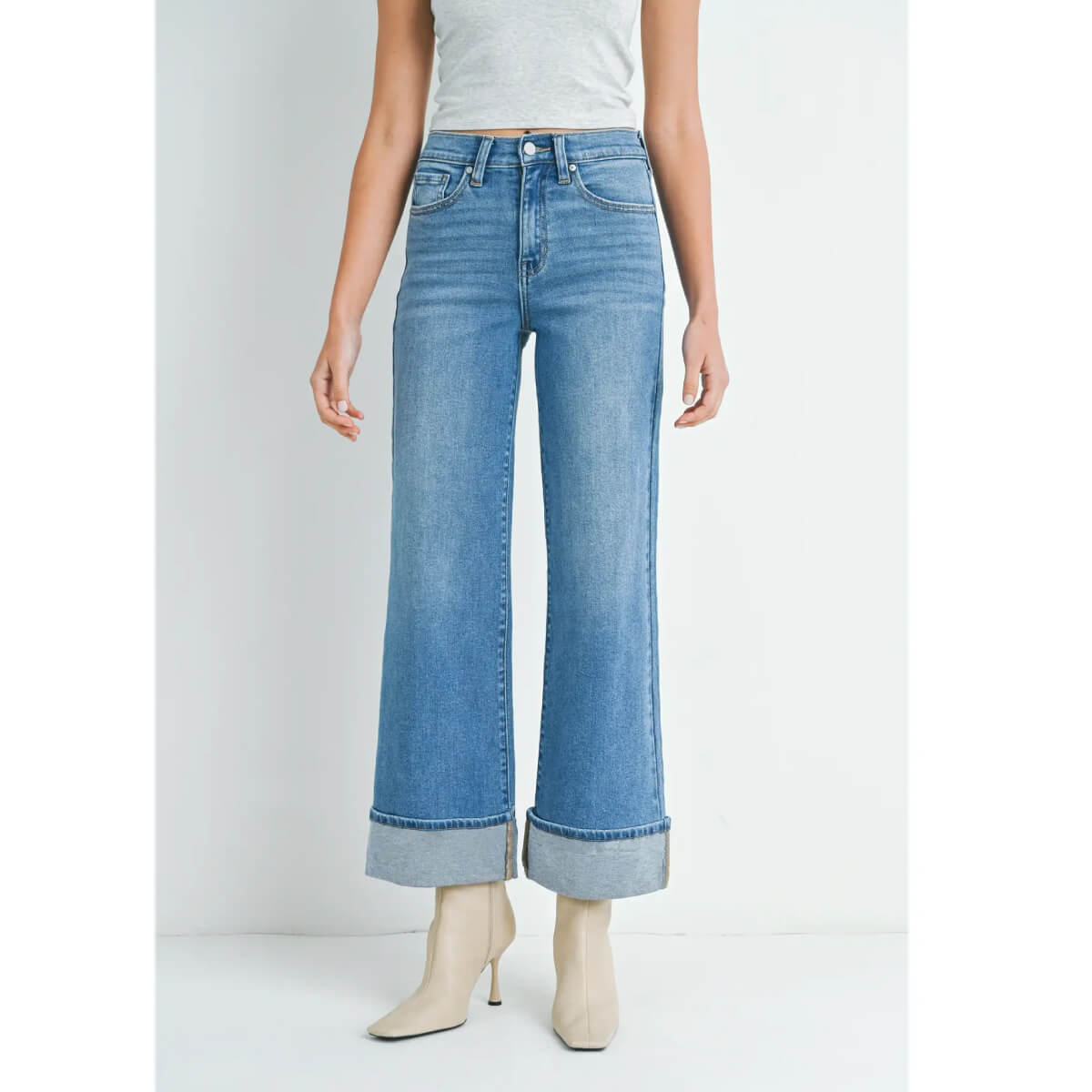 Cuffed Hem Palazzo Jeans blue front | MILK MONEY milkmoney.co | cute pants for women. cute trendy pants.