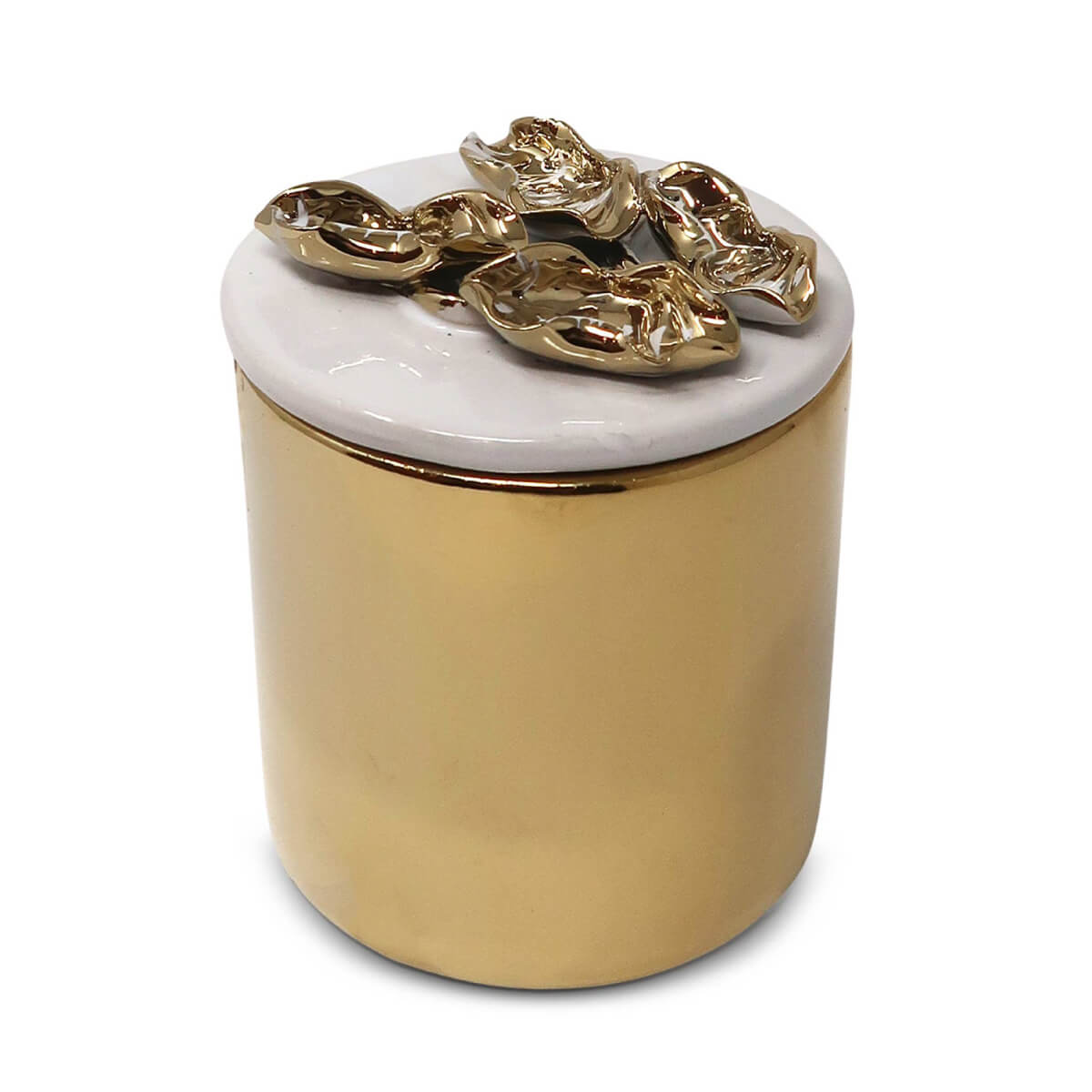 Decorative Candle With White Floral Petals Design Lid gold front | MILK MONEY milkmoney.co | white elephant gift ideas, gift, mother's day gift ideas, white elephant gift, gift shops near me, cute home decor, mother's day gift, cute home accents, handmade in USA, elegant home decor