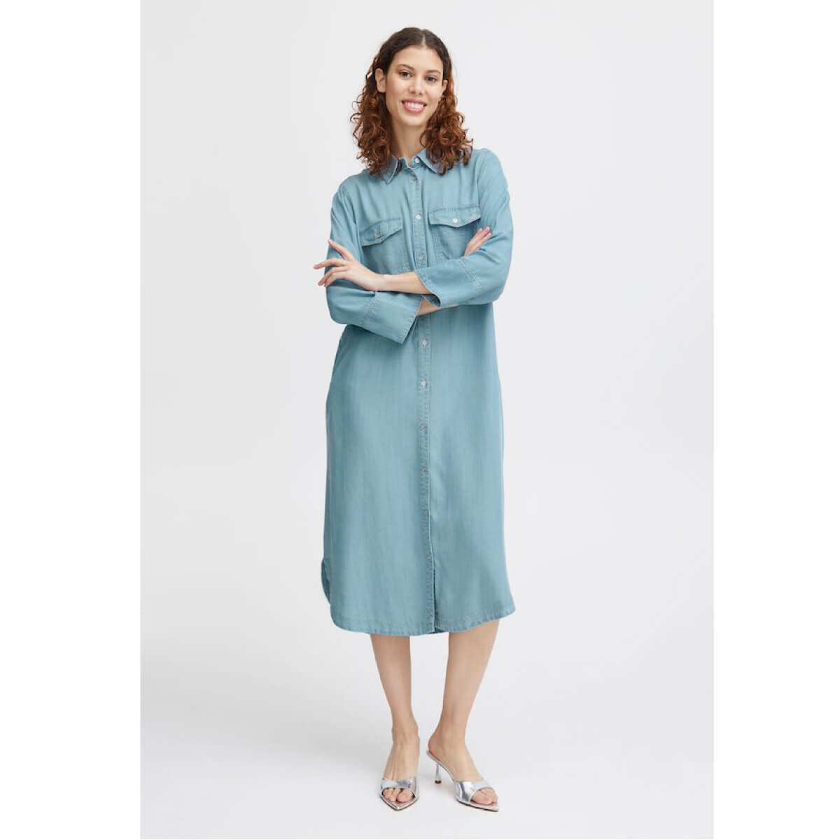 Denim Shirt Midi Dress blue front | MILK MONEY milkmoney.co | cute clothes for women. womens online clothing. trendy online clothing stores. womens casual clothing online. trendy clothes online. trendy women's clothing online. ladies online clothing stores. trendy women's clothing stores. cute female clothes.