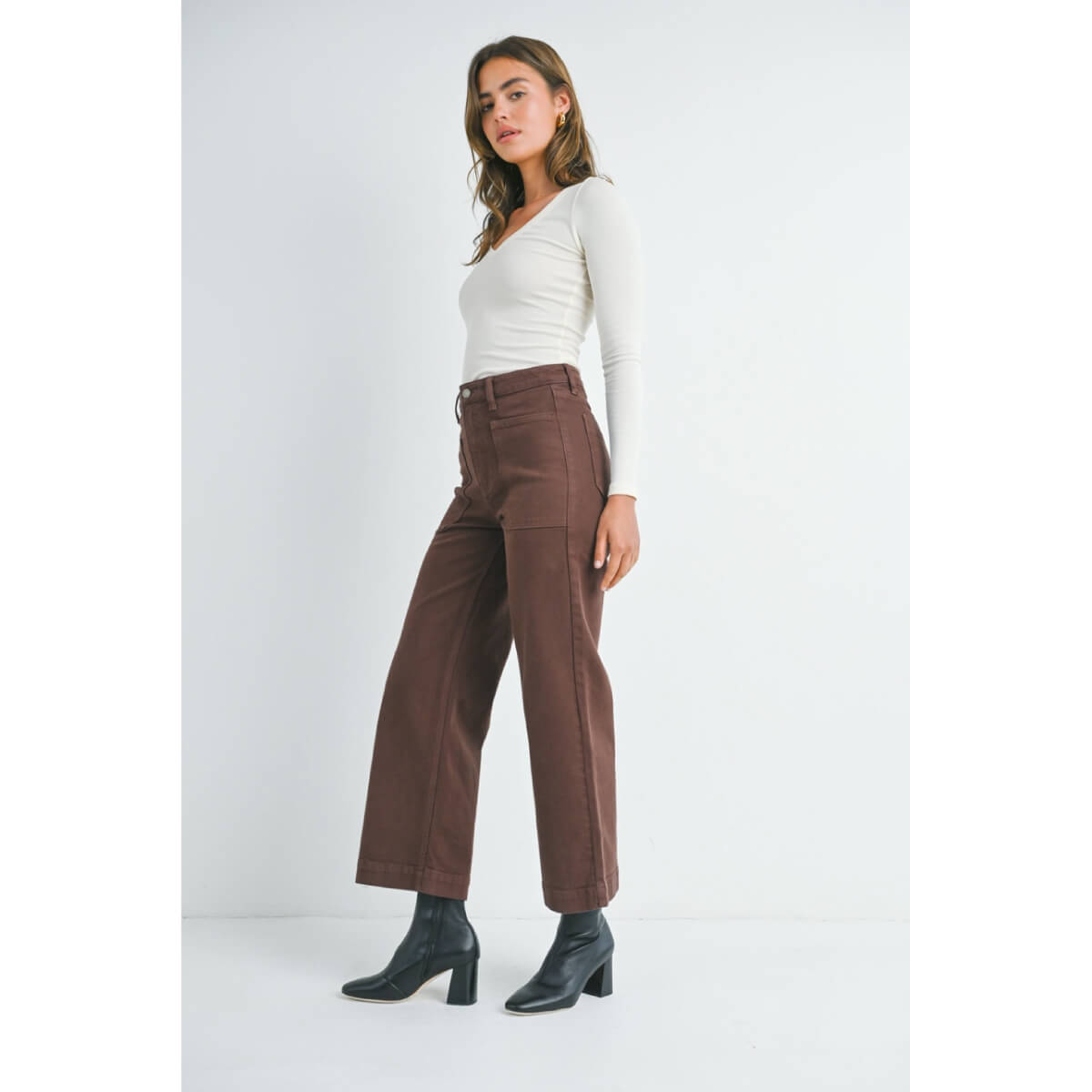 Colored Denim Utility Pants brown side | MILK MONEY milkmoney.co | cute clothes for women. womens online clothing. trendy online clothing stores. womens casual clothing online. trendy clothes online. trendy women's clothing online. ladies online clothing stores. trendy women's clothing stores. cute female clothes.
