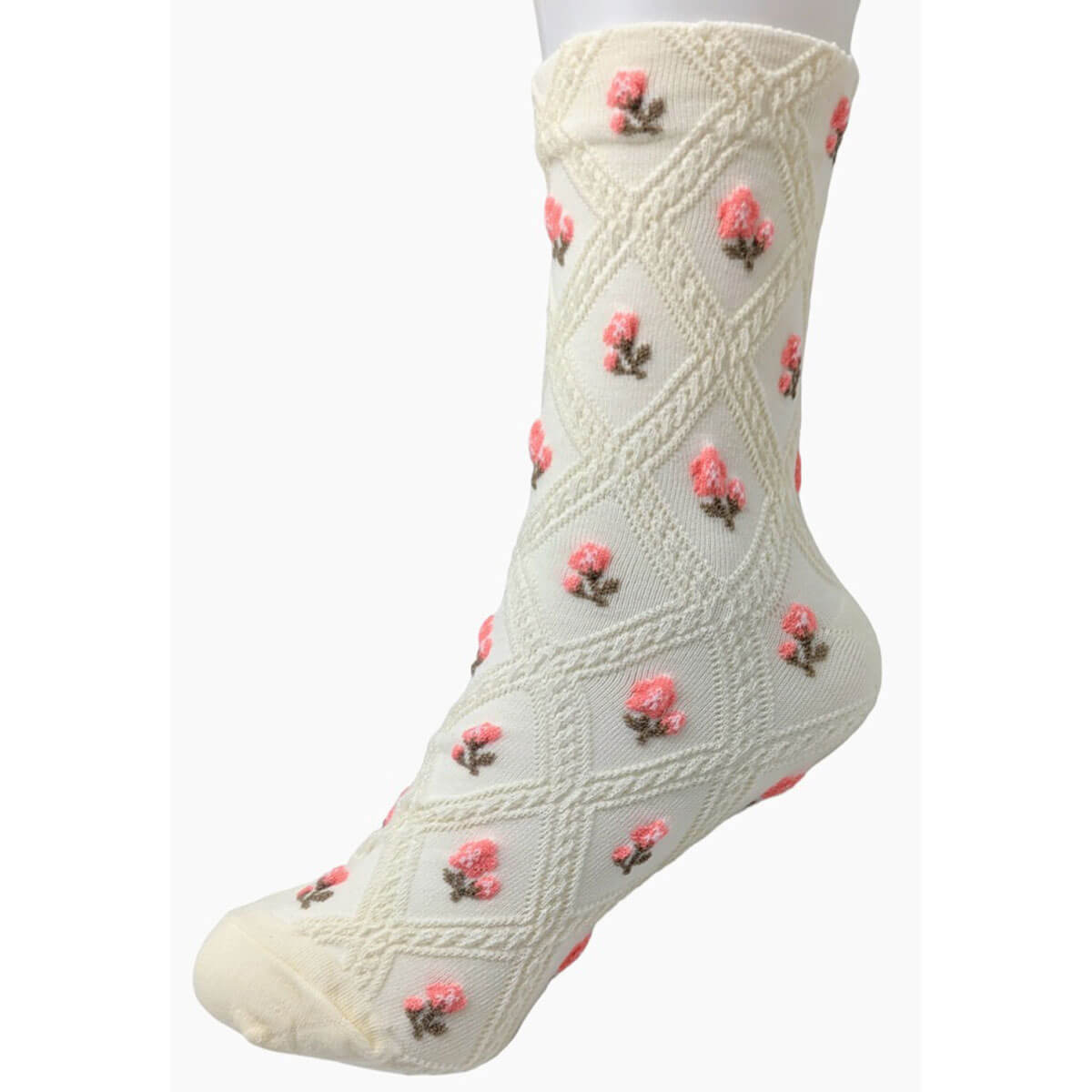 Diamond Flower Half Crew Socks ivory side | MILK MONEY milkmoney.co | women's accessories. cute accessories. trendy accessories. cute accessories for girls. ladies accessories. women's fashion accessories.