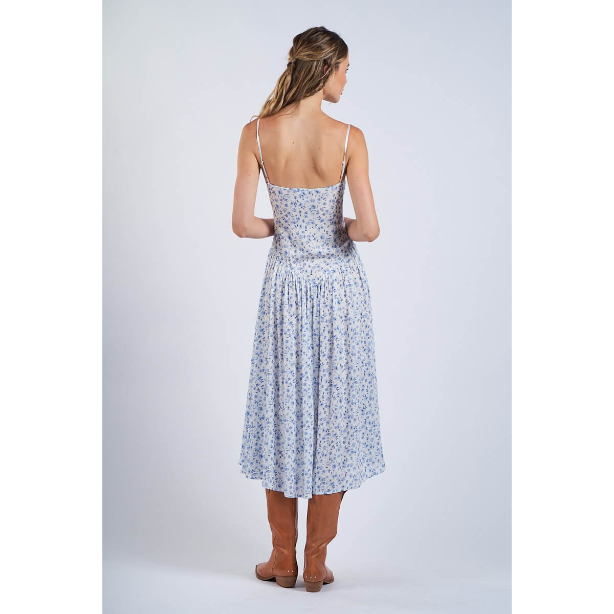 Ditsy Floral Smocked Midi Dress blue back | MILK MONEY milkmoney.co | cute clothes for women. womens online clothing. trendy online clothing stores. womens casual clothing online. trendy clothes online. trendy women's clothing online. ladies online clothing stores. trendy women's clothing stores. cute female clothes.