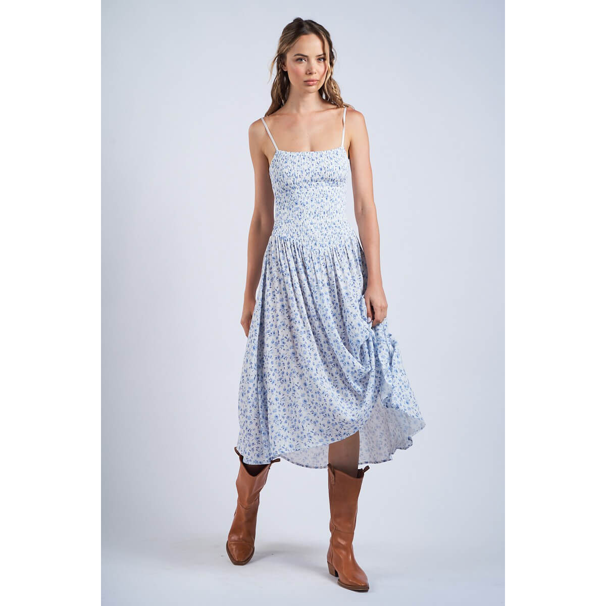 Ditsy Floral Smocked Midi Dress blue front | MILK MONEY milkmoney.co | cute clothes for women. womens online clothing. trendy online clothing stores. womens casual clothing online. trendy clothes online. trendy women's clothing online. ladies online clothing stores. trendy women's clothing stores. cute female clothes.