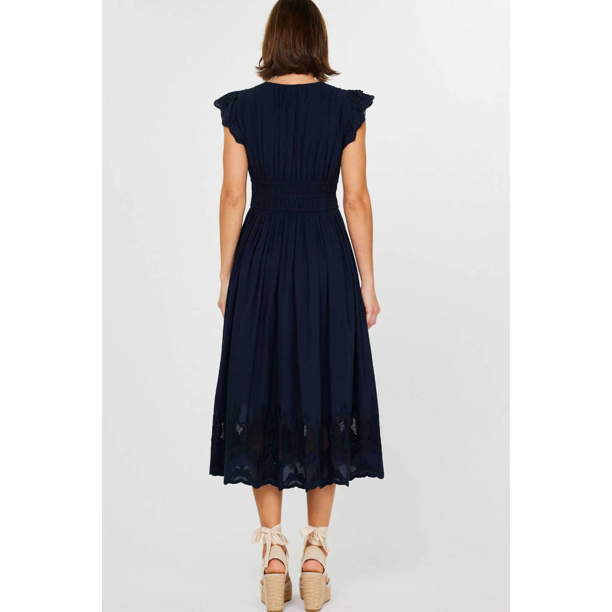 Embroidered Lace Midi Dress blue back | MILK MONEY milkmoney.co | cute clothes for women. womens online clothing. trendy online clothing stores. womens casual clothing online. trendy clothes online. trendy women's clothing online. ladies online clothing stores. trendy women's clothing stores. cute female clothes.