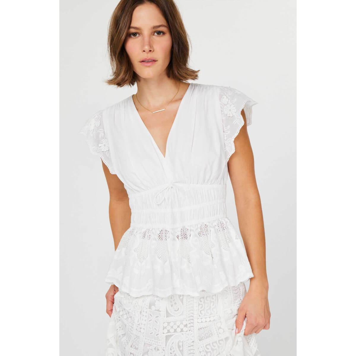 Embroidered Lace Peplum Blouse white front | MILK MONEY milkmoney.co | cute tops for women. trendy tops for women. cute blouses for women. stylish tops for women. pretty womens tops.