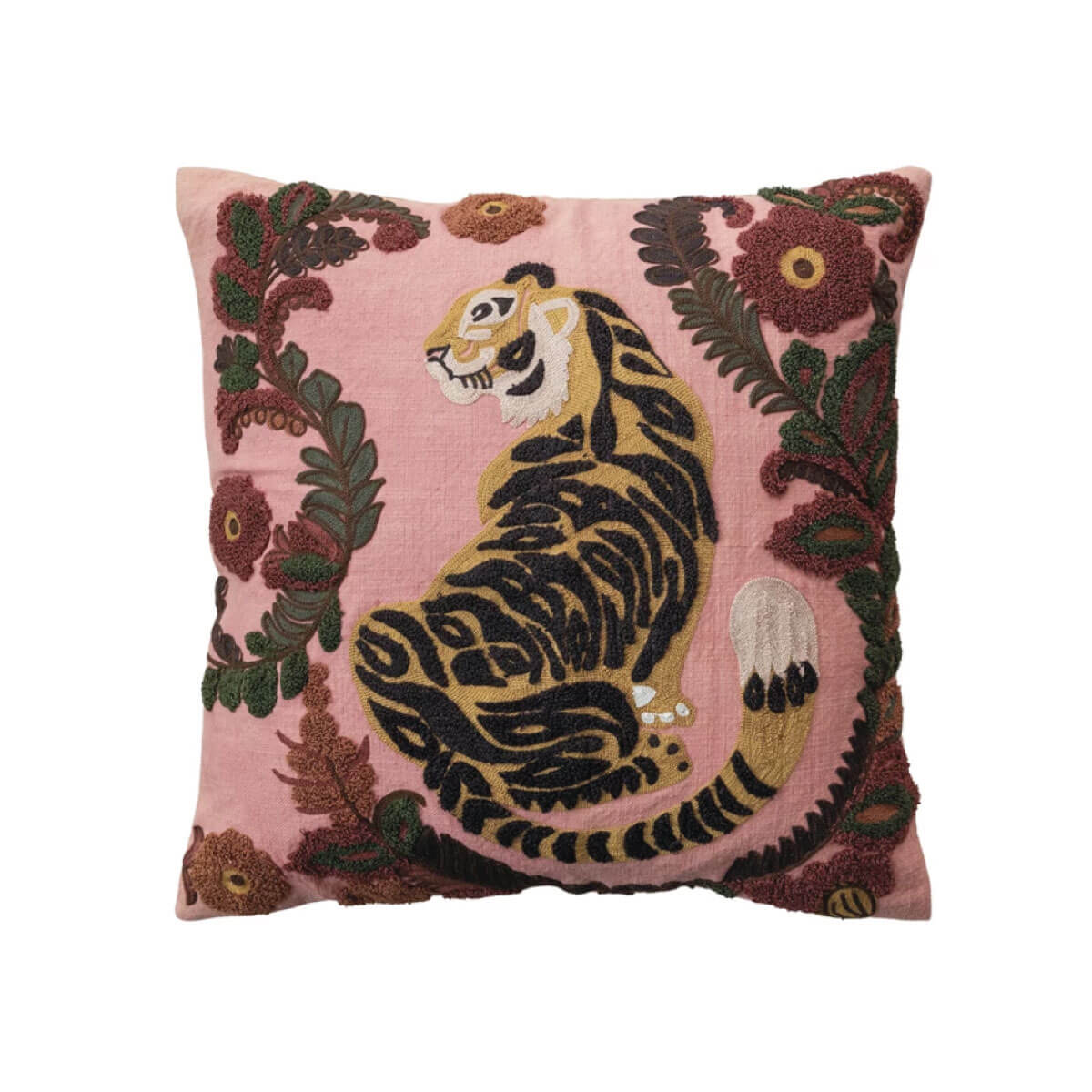 Embroidered Tiger & Flowers Square Pillow pink front | MILK MONEY milkmoney.co | Home decor online, Modern home decor, Luxury home furnishings, Best home decor, Home accessories for sale, Living room furniture sets, Kitchen decor ideas, Wall art for home, Bathroom accessories, Vintage home decor, Minimalist home decor