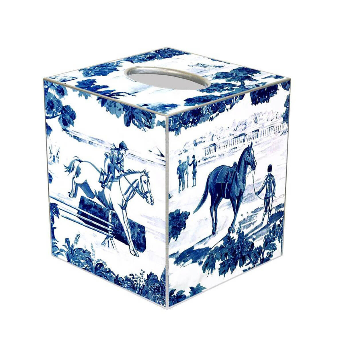 Equestrian Toile Paper Mache Tissue Box Cover front blue | MILK MONEY milkmoney.co | Home decor online, Modern home decor, Luxury home furnishings, Best home decor, Home accessories for sale, Living room furniture sets, Kitchen decor ideas, Wall art for home, Bathroom accessories, Vintage home decor, Minimalist home decor