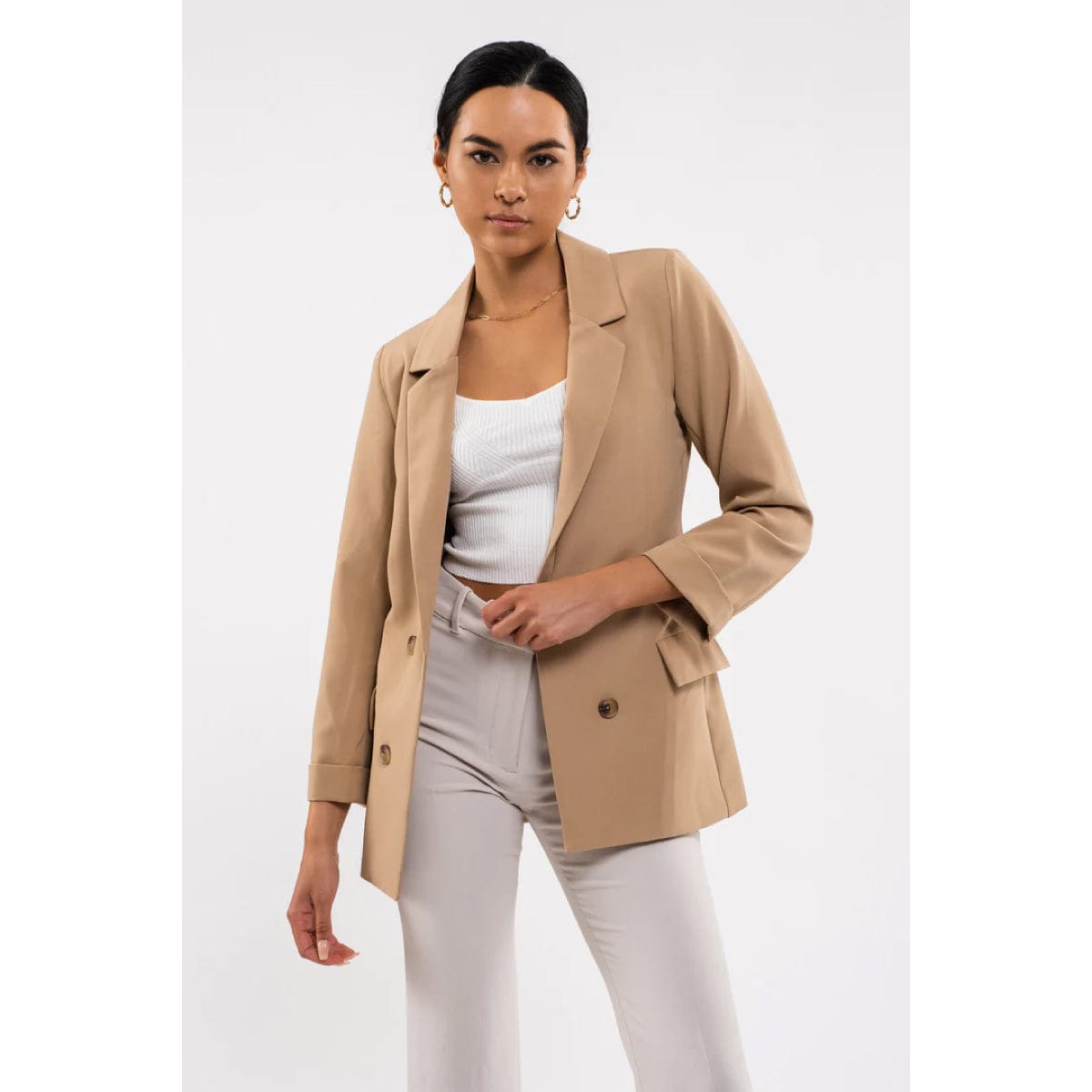 Everyday Double Breasted Blazer khaki front | MILK MONEY milkmoney.co | cute jackets for women. cute coats. cool jackets for women. stylish jackets for women. trendy jackets for women. trendy womens coats.