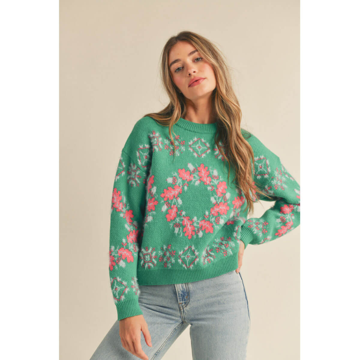 Fair Isle Wreath Knit Sweater green front | MILK MONEY milkmoney.co | cute sweaters for women, cute knit sweaters, cute pullover sweaters
