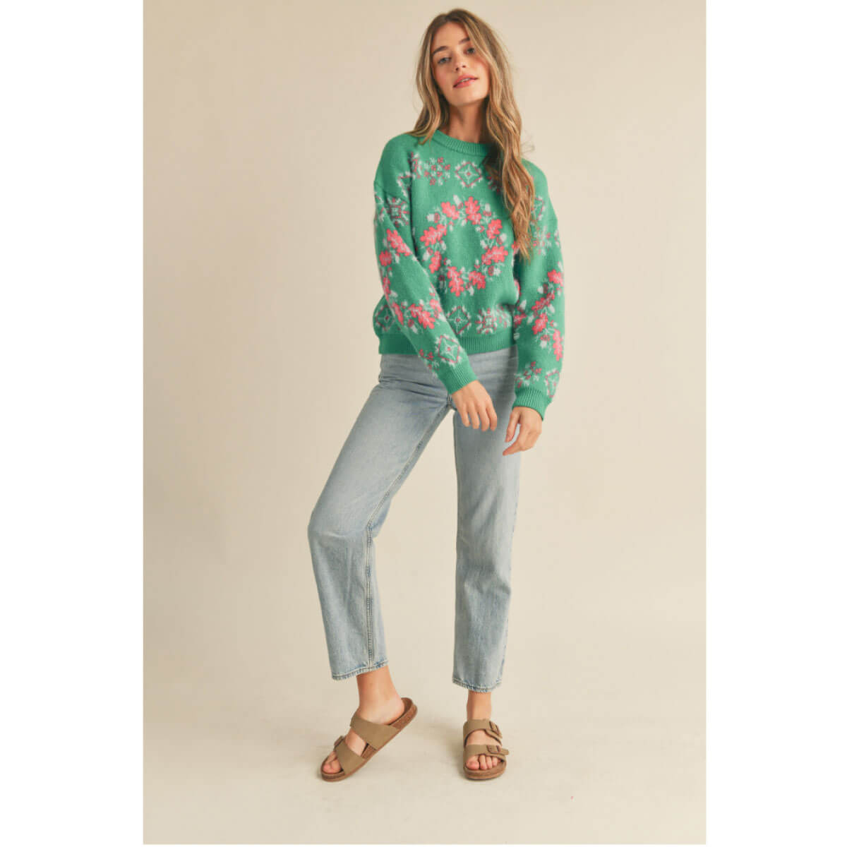 Fair Isle Wreath Knit Sweater green front | MILK MONEY milkmoney.co | cute sweaters for women, cute knit sweaters, cute pullover sweaters