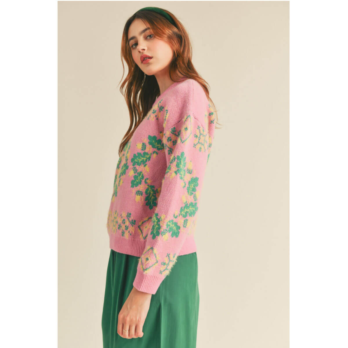 Fair Isle Wreath Knit Sweater pink side | MILK MONEY milkmoney.co | cute sweaters for women, cute knit sweaters, cute pullover sweaters