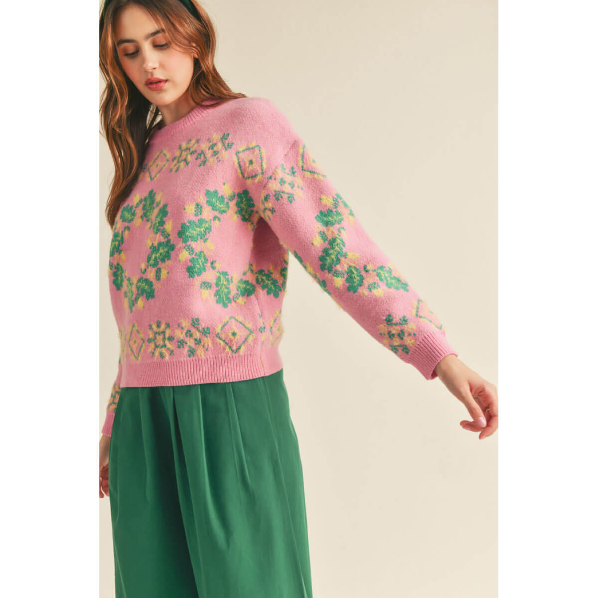 Fair Isle Wreath Knit Sweater pink front | MILK MONEY milkmoney.co | cute sweaters for women, cute knit sweaters, cute pullover sweaters