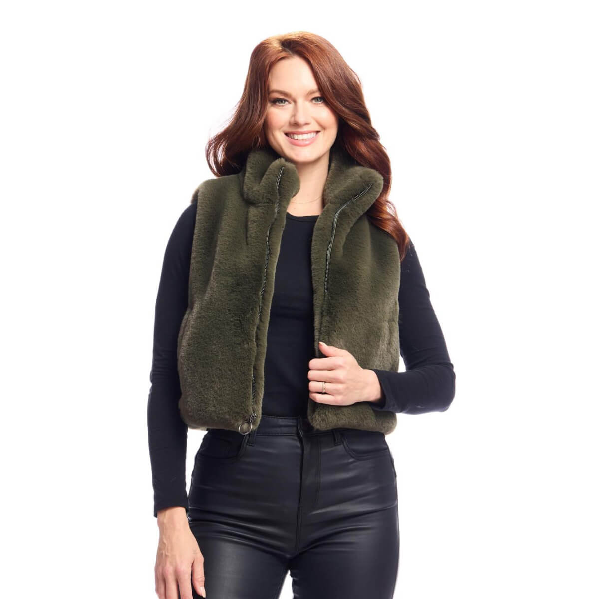 Faux Fur Le Mink Zip Vest olive front | MILK MONEY milkmoney.co | cute jackets for women. cute coats. cool jackets for women. stylish jackets for women. trendy jackets for women. trendy womens coats.