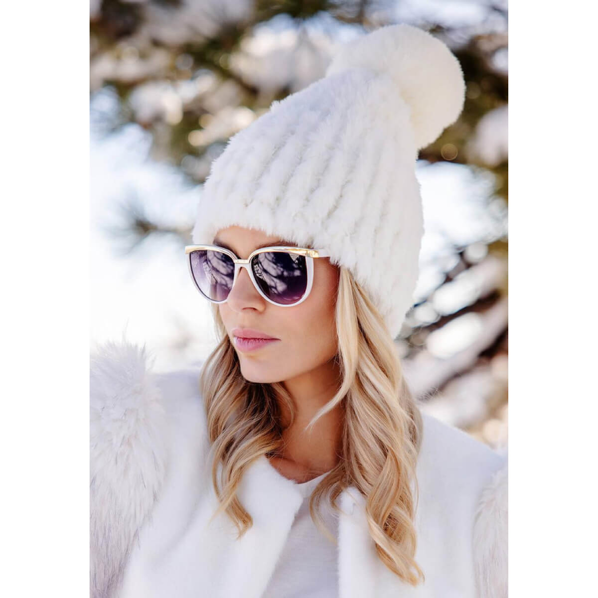 Faux Fur Poppy Pom Beanie Hat white | MILK MONEY milkmoney.co | women's accessories. cute accessories. trendy accessories. cute accessories for girls. ladies accessories. women's fashion accessories.