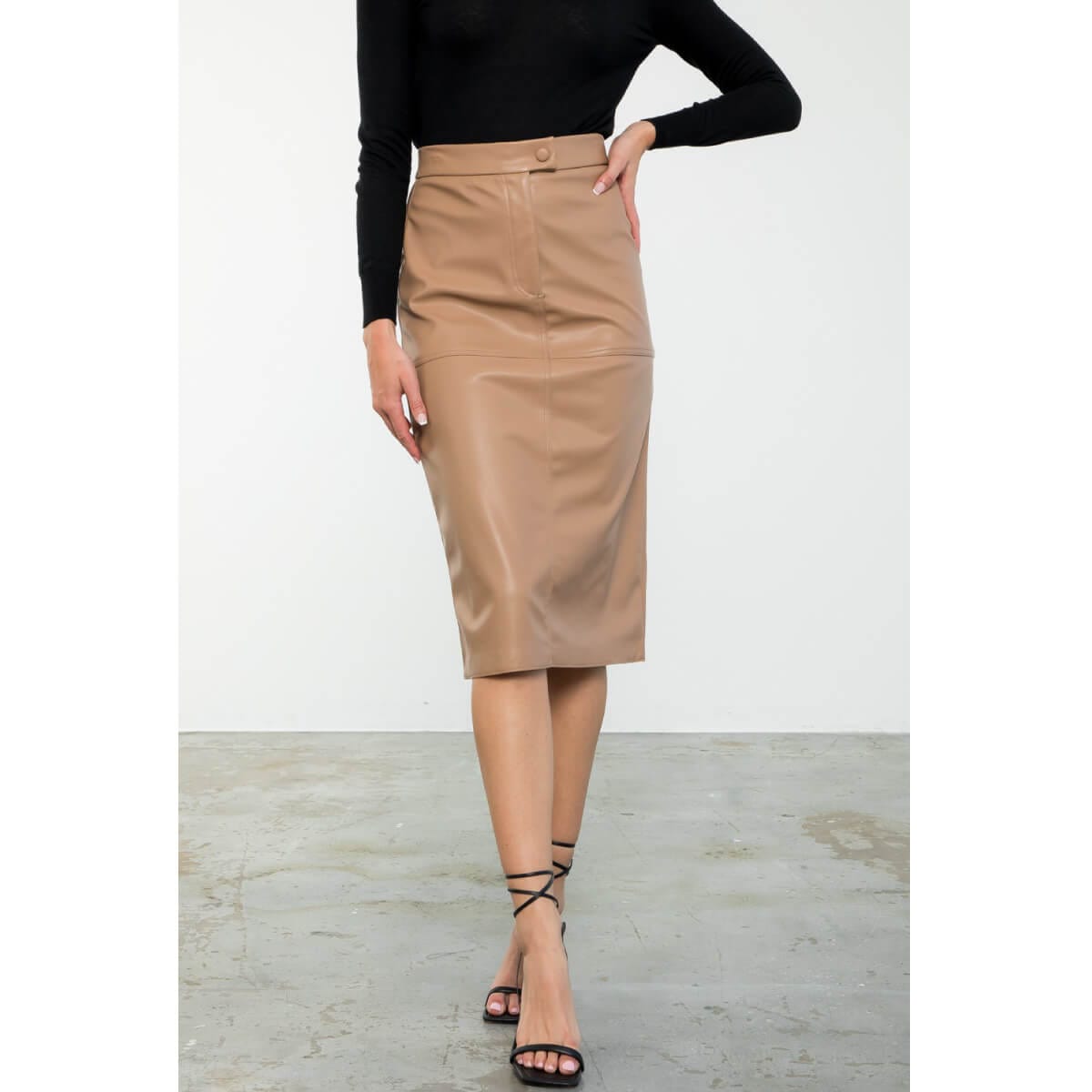 Faux Leather Midi Skirt beige front | MILK MONEY milkmoney.co | cute clothes for women. womens online clothing. trendy online clothing stores. womens casual clothing online. trendy clothes online. trendy women's clothing online. ladies online clothing stores. trendy women's clothing stores. cute female clothes.