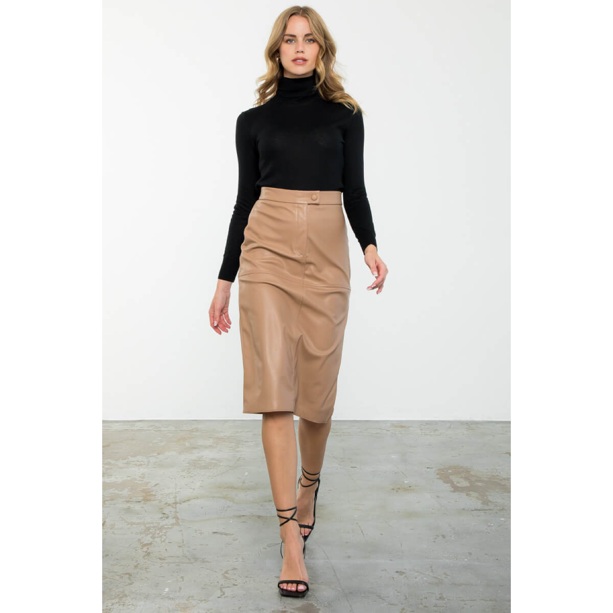 Faux Leather Midi Skirt beige front | MILK MONEY milkmoney.co | cute clothes for women. womens online clothing. trendy online clothing stores. womens casual clothing online. trendy clothes online. trendy women's clothing online. ladies online clothing stores. trendy women's clothing stores. cute female clothes.
