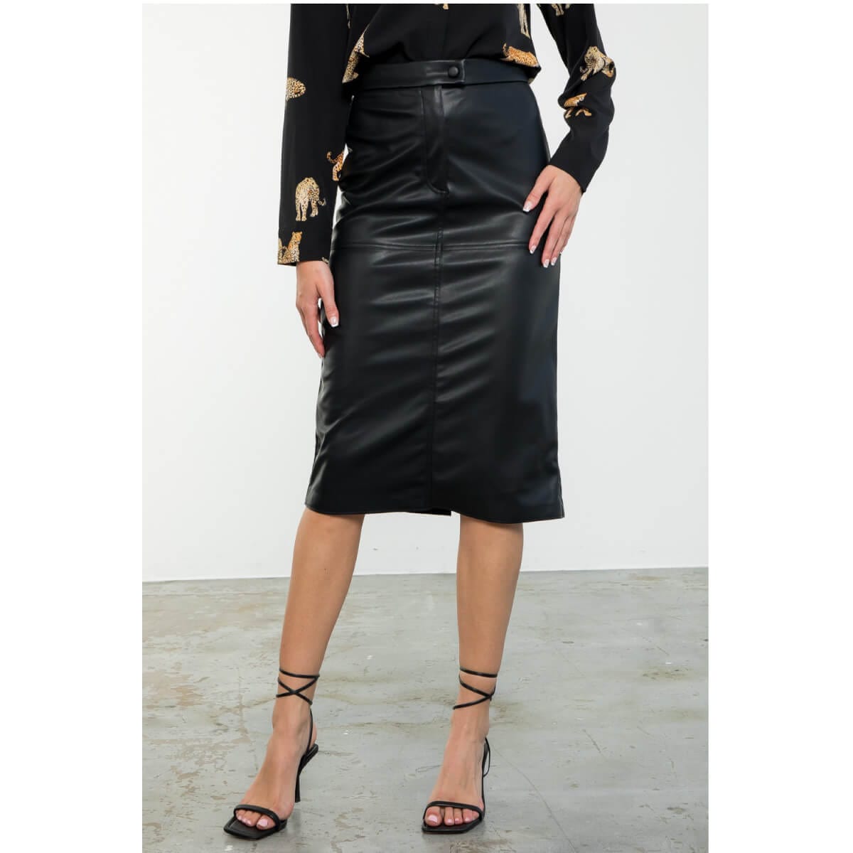 Faux Leather Midi Skirt black front | MILK MONEY milkmoney.co | cute clothes for women. womens online clothing. trendy online clothing stores. womens casual clothing online. trendy clothes online. trendy women's clothing online. ladies online clothing stores. trendy women's clothing stores. cute female clothes.