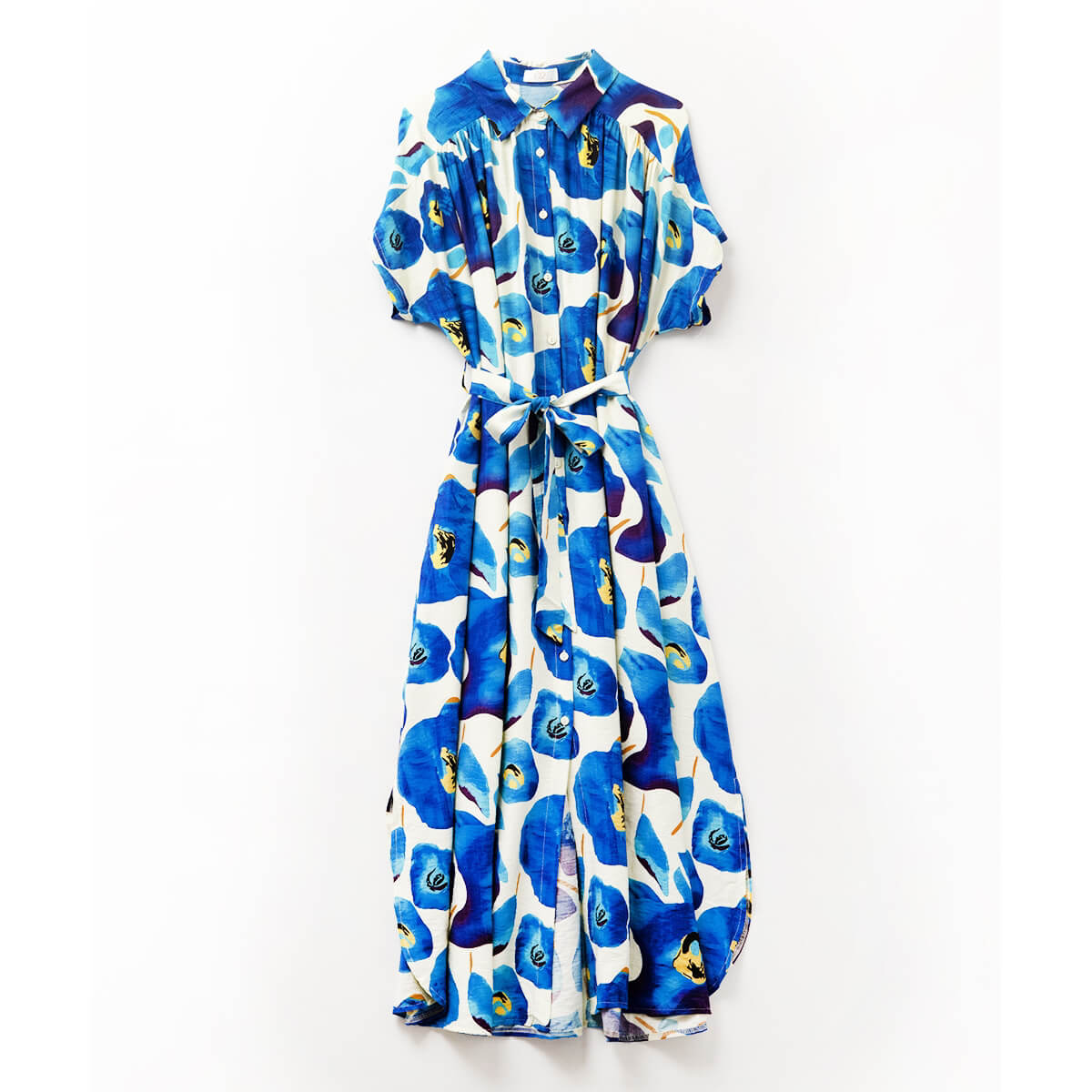 Floral Bliss Maxi Shirt Dress – Blue and Yellow Print Short Sleeves Tie Waist Lightweight Fabric Small Floral Bliss Maxi Shirt Dress – Blue and Yellow Print Short Sleeves Tie Waist Lightweight Fabric Small