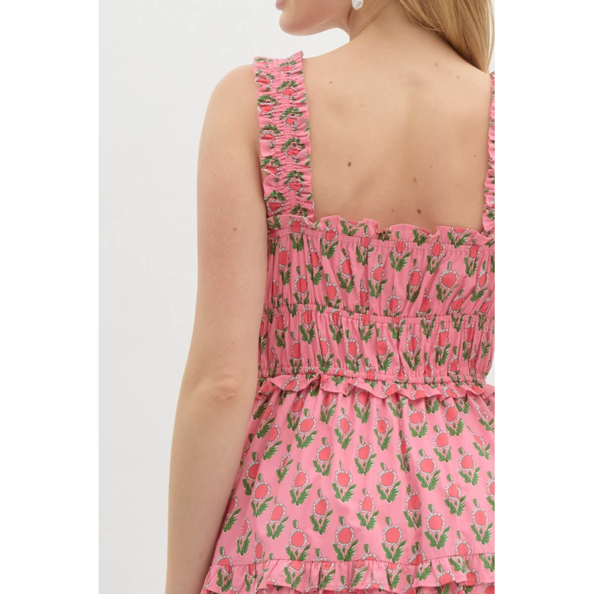 Floral Block Print Midi Dress pink back | MILK MONEY milkmoney.co | cute clothes for women. womens online clothing. trendy online clothing stores. womens casual clothing online. trendy clothes online. trendy women's clothing online. ladies online clothing stores. trendy women's clothing stores. cute female clothes.