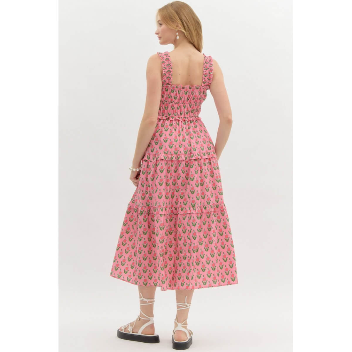 Floral Block Print Midi Dress pink back | MILK MONEY milkmoney.co | cute clothes for women. womens online clothing. trendy online clothing stores. womens casual clothing online. trendy clothes online. trendy women's clothing online. ladies online clothing stores. trendy women's clothing stores. cute female clothes.