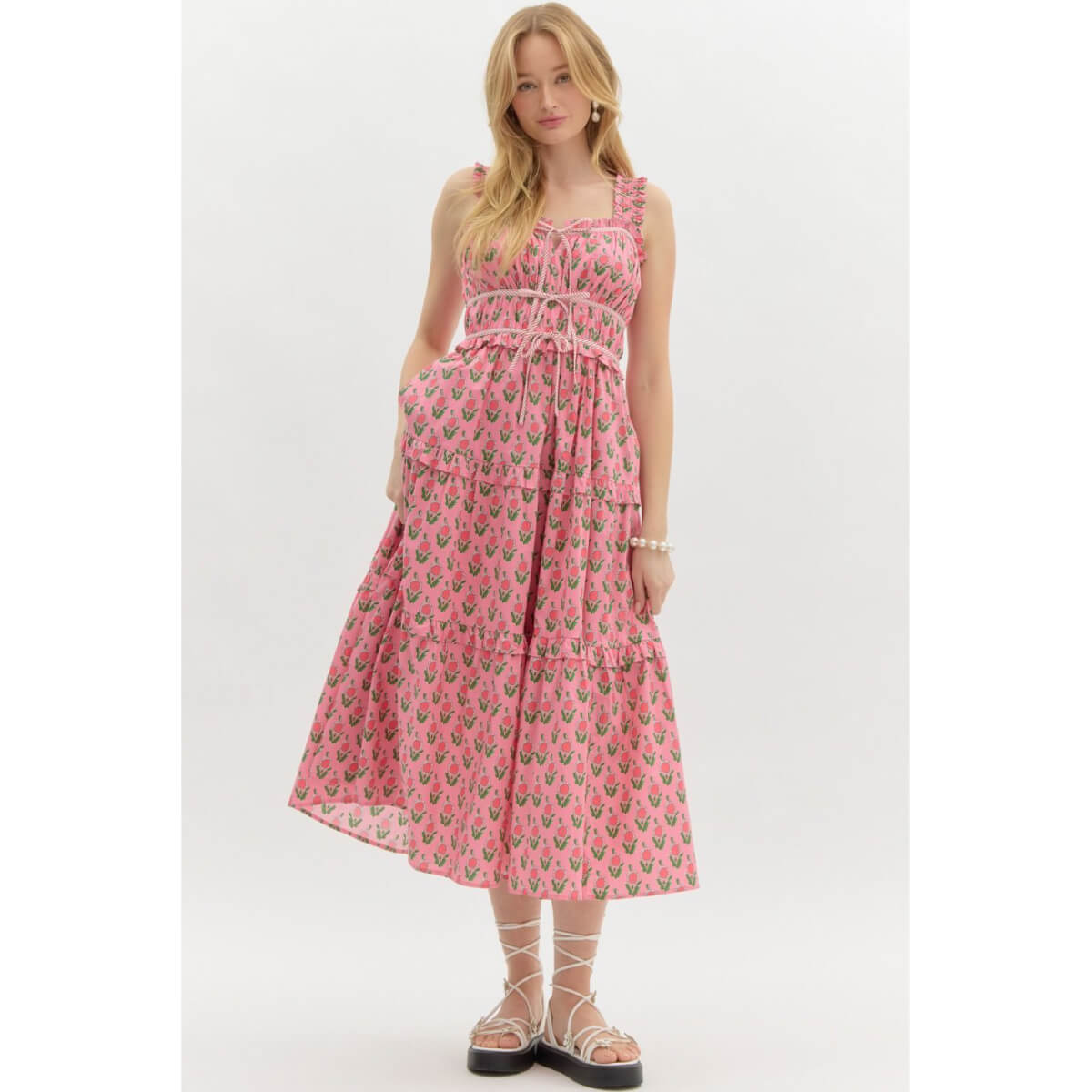 Floral Block Print Midi Dress pink front | MILK MONEY milkmoney.co | cute clothes for women. womens online clothing. trendy online clothing stores. womens casual clothing online. trendy clothes online. trendy women's clothing online. ladies online clothing stores. trendy women's clothing stores. cute female clothes.