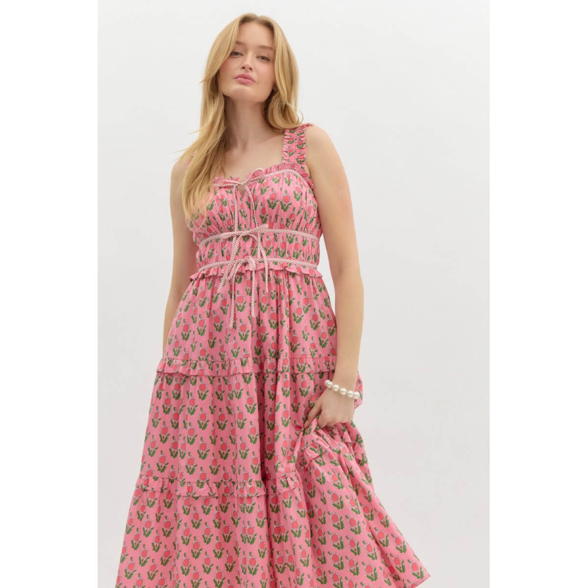 Floral Block Print Midi Dress pink front | MILK MONEY milkmoney.co | cute clothes for women. womens online clothing. trendy online clothing stores. womens casual clothing online. trendy clothes online. trendy women's clothing online. ladies online clothing stores. trendy women's clothing stores. cute female clothes.