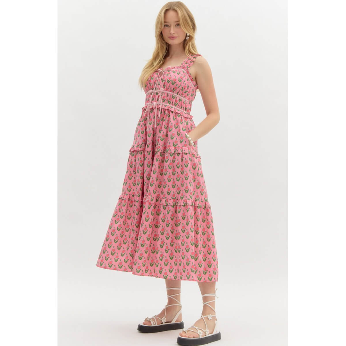 Floral Block Print Midi Dress pink side | MILK MONEY milkmoney.co | cute clothes for women. womens online clothing. trendy online clothing stores. womens casual clothing online. trendy clothes online. trendy women's clothing online. ladies online clothing stores. trendy women's clothing stores. cute female clothes.