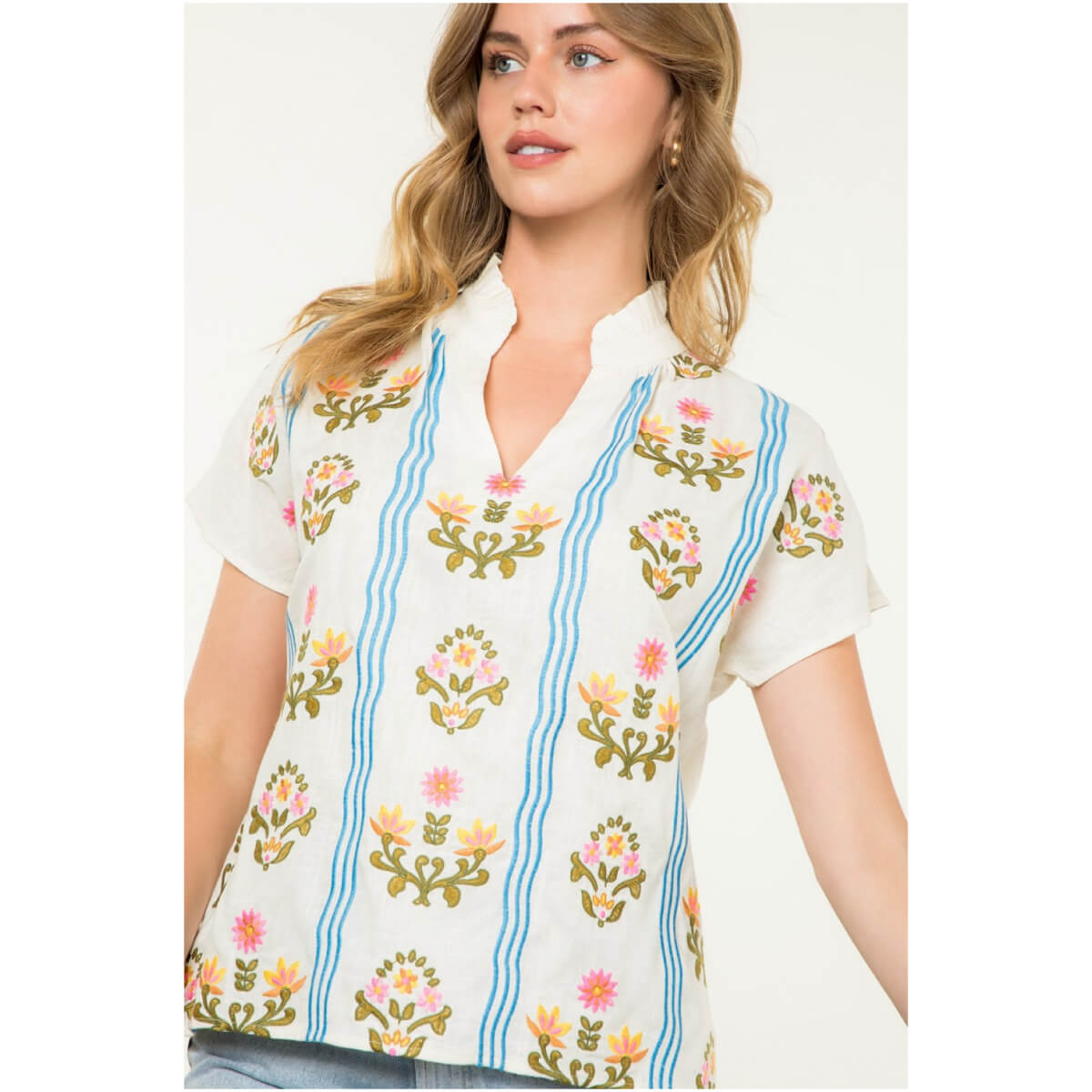 Floral Embroidered Notch Neck Top white front | MILK MONEY milkmoney.co | cute tops for women. trendy tops for women. cute blouses for women. stylish tops for women. pretty womens tops.