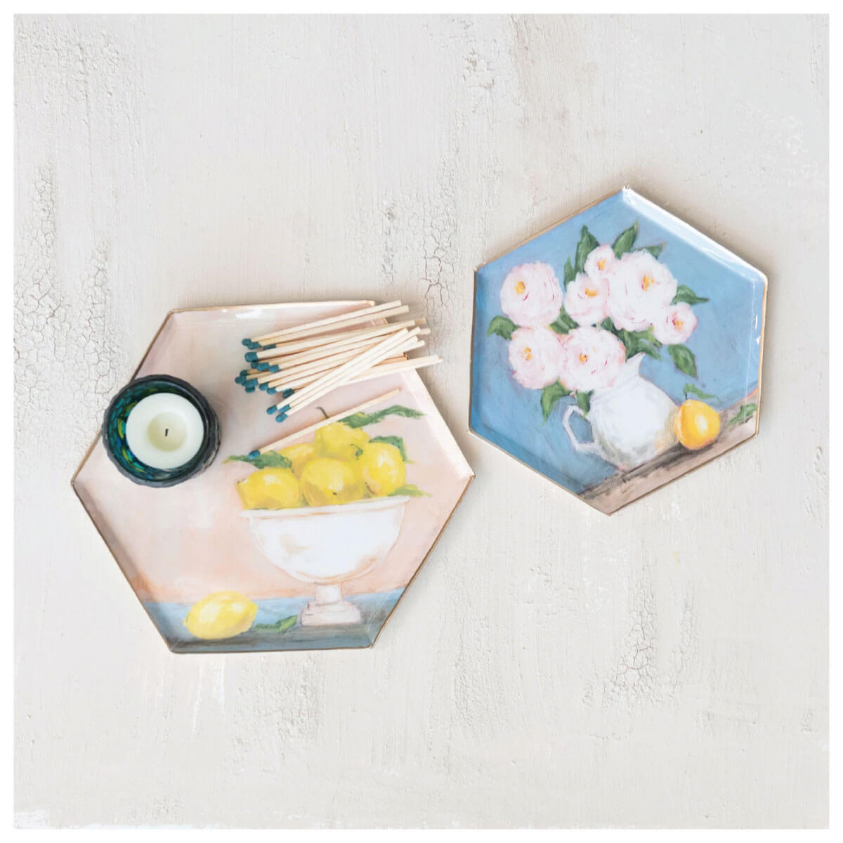 Floral Painting Hexagon Enameled Metal Tray Set