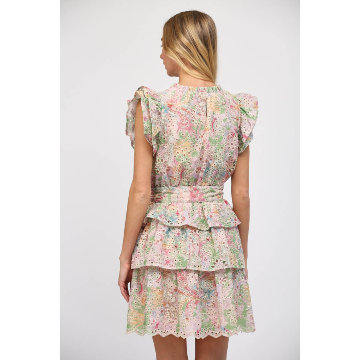 Floral Printed Eyelet Lace Tiered Dress pink back | MILK MONEY milkmoney.co | cute clothes for women. womens online clothing. trendy online clothing stores. womens casual clothing online. trendy clothes online. trendy women's clothing online. ladies online clothing stores. trendy women's clothing stores. cute female clothes.
