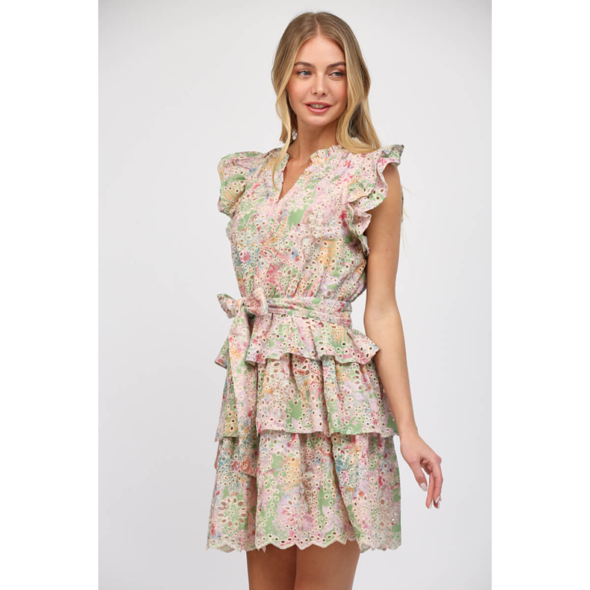 Floral Printed Eyelet Lace Tiered Dress pink side | MILK MONEY milkmoney.co | cute clothes for women. womens online clothing. trendy online clothing stores. womens casual clothing online. trendy clothes online. trendy women's clothing online. ladies online clothing stores. trendy women's clothing stores. cute female clothes.