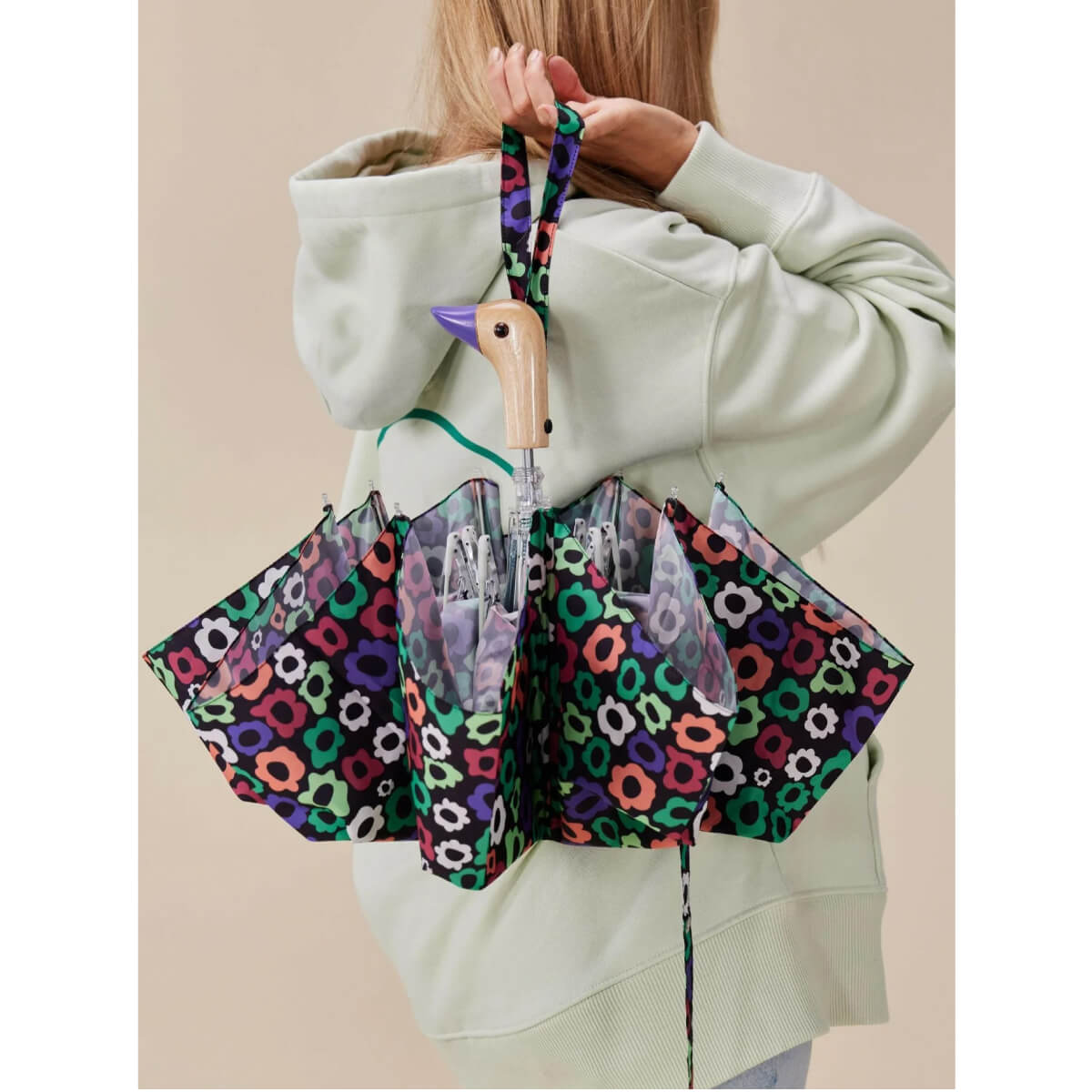 Flower Maze Compact Duckhead Umbrella front black | MILK MONEY milkmoney.co | white elephant gift ideas, gift, mother's day gift ideas, white elephant gift, gift shops near me, cute umbrella