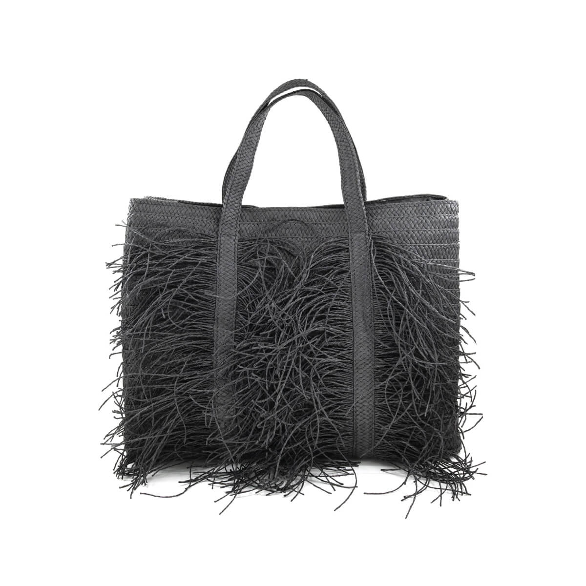 Fringe Straw Tote Bag black front | MILK MONEY milkmoney.co | women's accessories. cute accessories. trendy accessories. cute accessories for girls. ladies accessories. women's fashion accessories.
