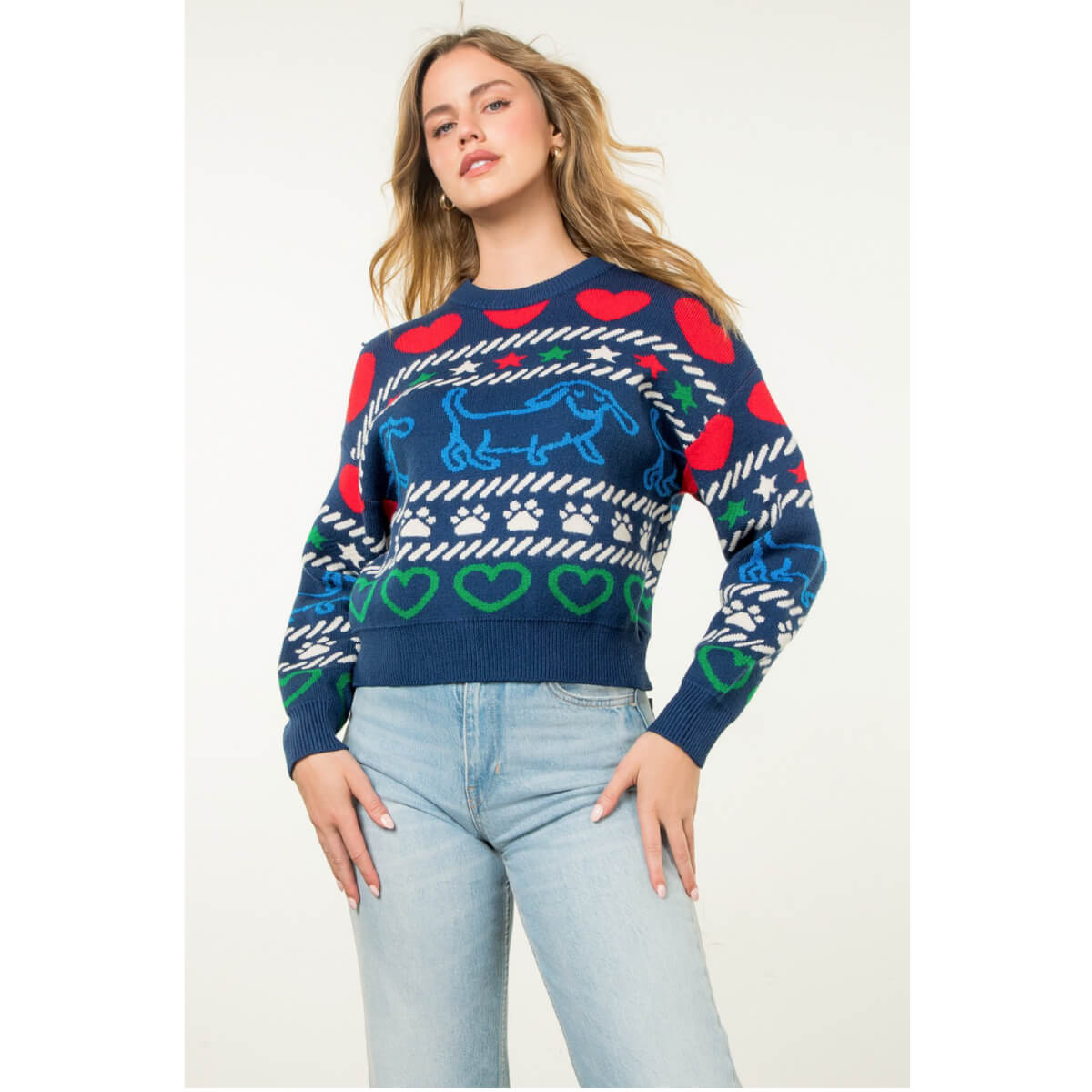 Fun Pattern Knit Crew Neck Sweater blue front | MILK MONEY milkmoney.co | cute clothes for women. womens online clothing. trendy online clothing stores. womens casual clothing online. trendy clothes online. trendy women's clothing online. ladies online clothing stores. trendy women's clothing stores. cute female clothes.