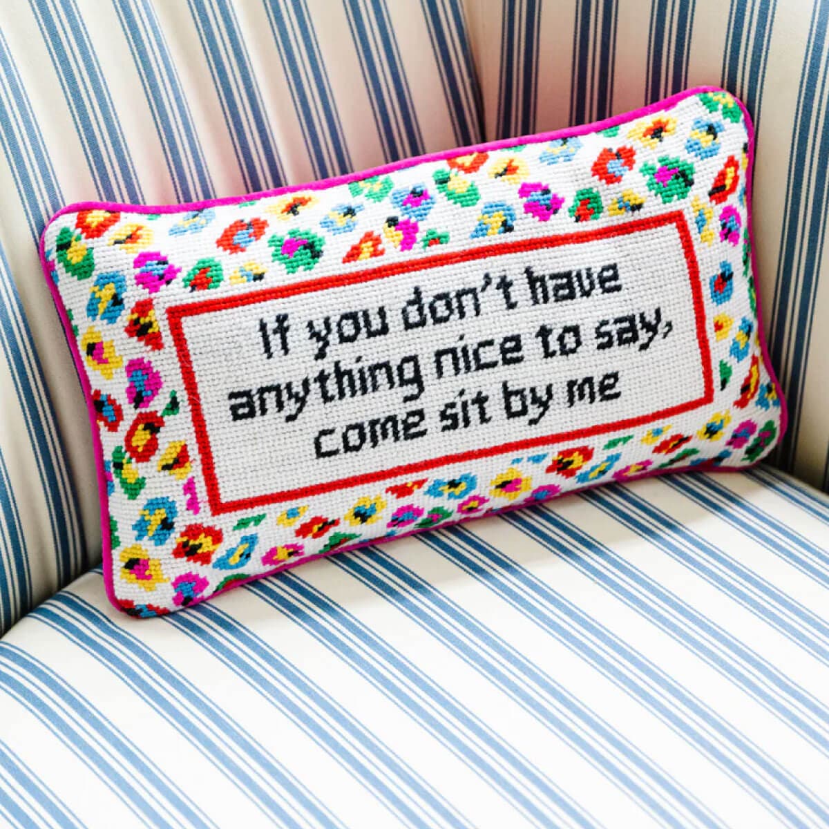 Furbish Studio Come Sit By Me Needlepoint Pillow front | MILK MONEY milkmoney.co | women's accessories. cute accessories. trendy accessories. cute accessories for girls. ladies accessories. women's fashion accessories.