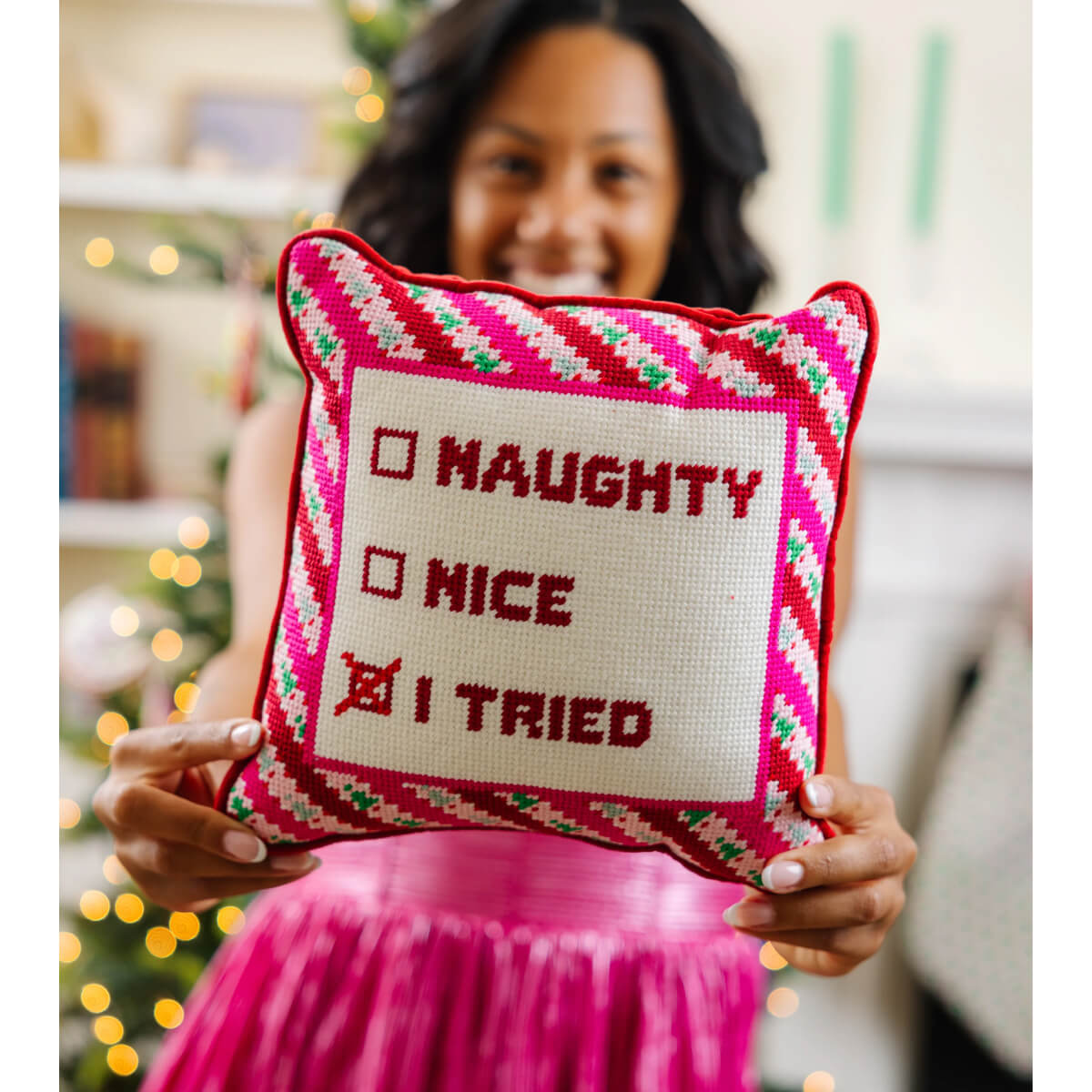 Furbish Studio I Tried Needlepoint Pillow front red | MILK MONEY milkmoney.co | Home decor online, Modern home decor, Luxury home furnishings, Best home decor, Home accessories for sale, Living room furniture sets, Kitchen decor ideas, Wall art for home, Bathroom accessories, Vintage home decor, Minimalist home decor