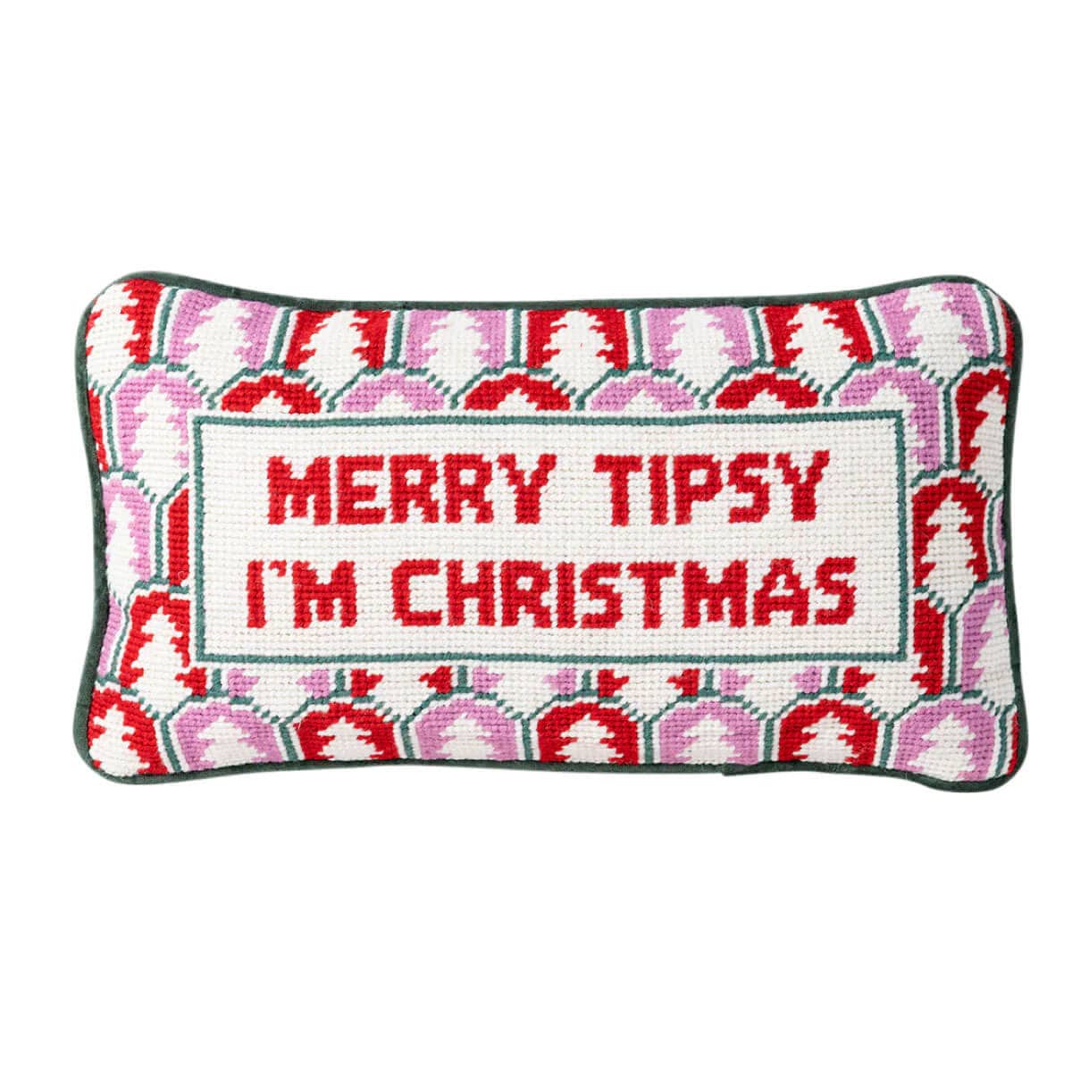 Furbish Studio Merry Tipsy Needlepoint Pillow front | MILK MONEY milkmoney.co | women's accessories. cute accessories. trendy accessories. cute accessories for girls. ladies accessories. women's fashion accessories.