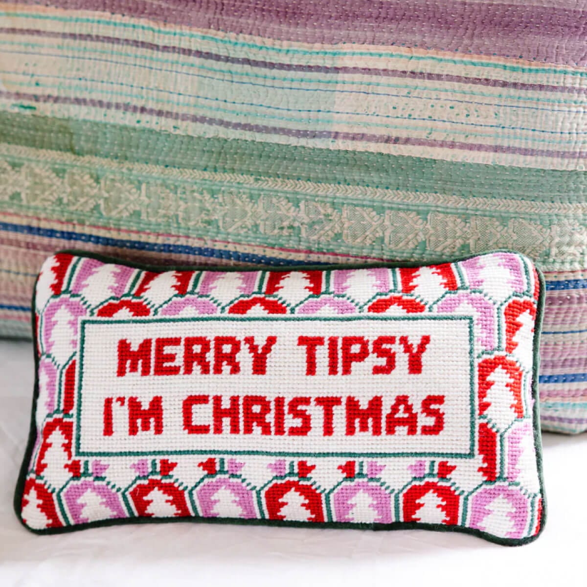 Furbish Studio Merry Tipsy Needlepoint Pillow front | MILK MONEY milkmoney.co | women's accessories. cute accessories. trendy accessories. cute accessories for girls. ladies accessories. women's fashion accessories.