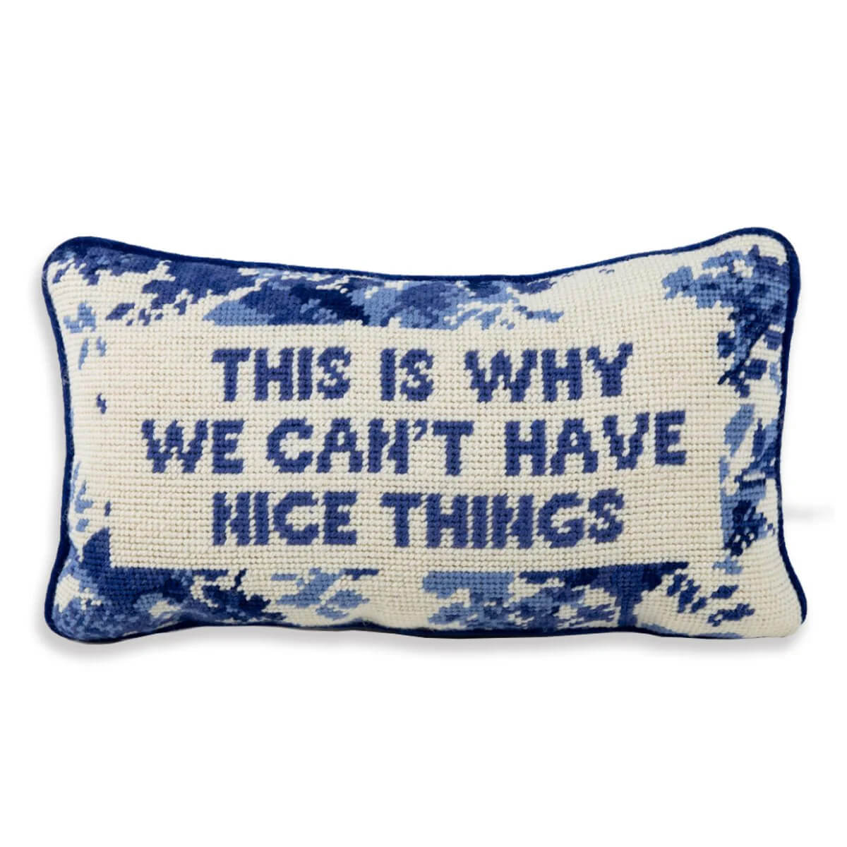 Furbish Studio Nice Things Needlepoint Pillow blue front | MILK MONEY milkmoney.co | Home decor online, Modern home decor, Luxury home furnishings, Best home decor, Home accessories for sale, Living room furniture sets, Kitchen decor ideas, Wall art for home, Bathroom accessories, Vintage home decor, Minimalist home decor